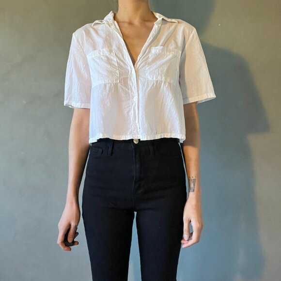 Enza Costa Cropped S/S Cotton Voile Cutout Button Down Shirt - XS - Picture 1 of 5